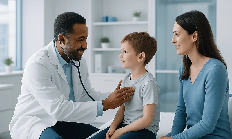 Doctor examining a young boy with his mother in a clinic setting.