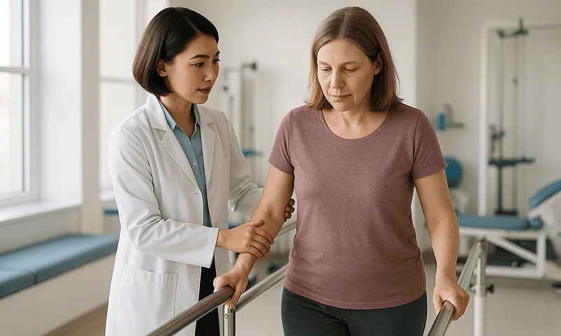 Physiotherapist assisting a woman with walking exercises in a clinic setting.
