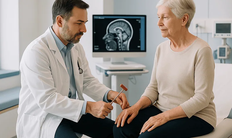 Doctor consulting with an elderly female patient in a hospital setting.