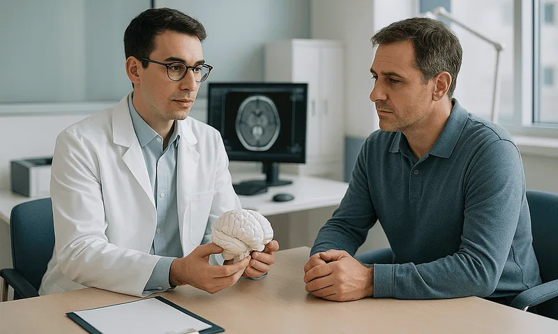 Doctor explaining brain tumor to patient in consultation room.