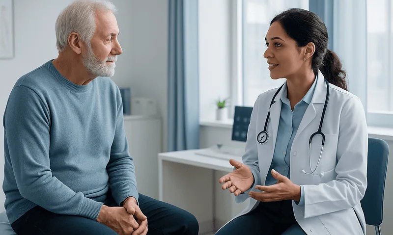 Doctor consulting with elderly patient in a medical office setting.