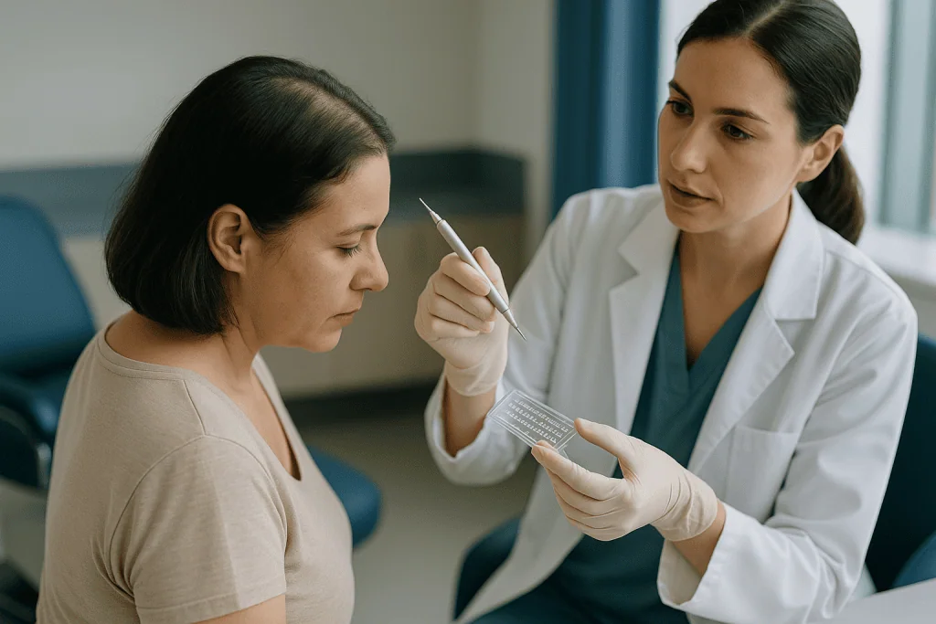 Doctor examining patient skin with dermatological instrument: Placement precision: implanter pens versus pre-made channels