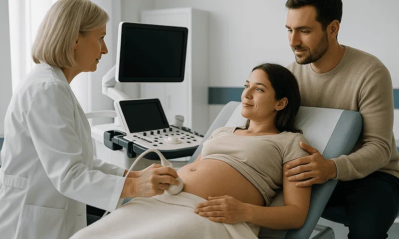 Pregnant woman at ultrasound appointment with partner and doctor in hospital.
