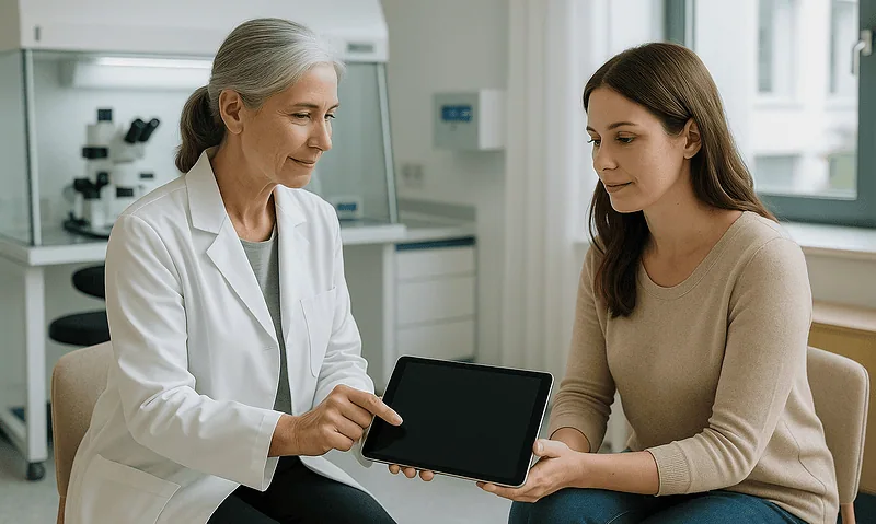 Doctor explaining medical information to a pregnant woman using a tablet in a clinic.