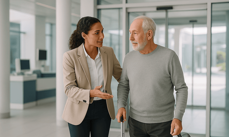 Healthcare professional assisting elderly man with walking aid at hospital.