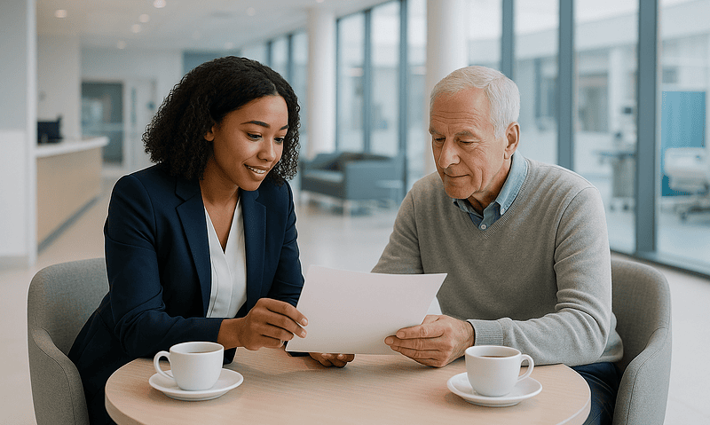 Medical consultation between a young woman and an elderly man in a modern clinic.