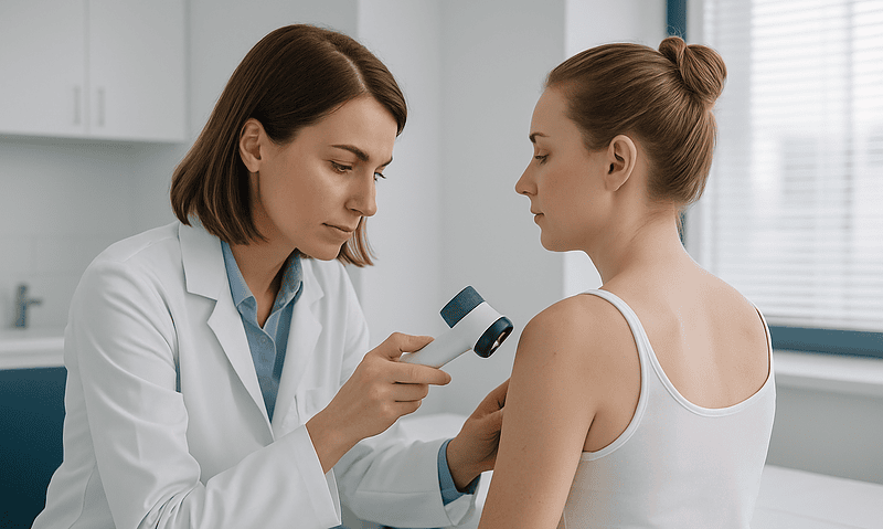 Doctor examining patient's skin with dermatoscope in clinic.