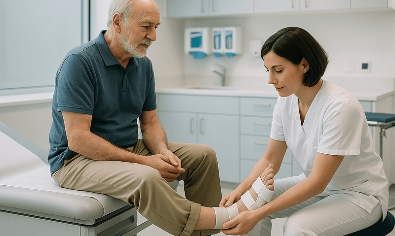 Doctor examining elderly patient's foot in a medical clinic.