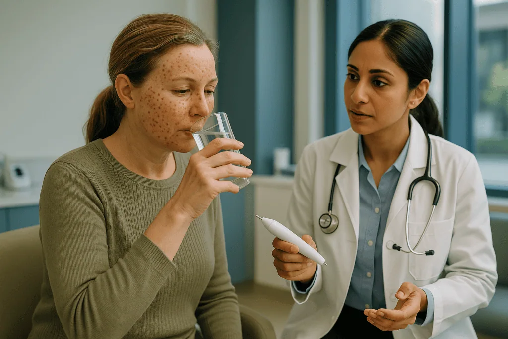 Doctor consulting patient, drinking water in clinic: Plasma pen healing stages: what the first days and weeks usually look l