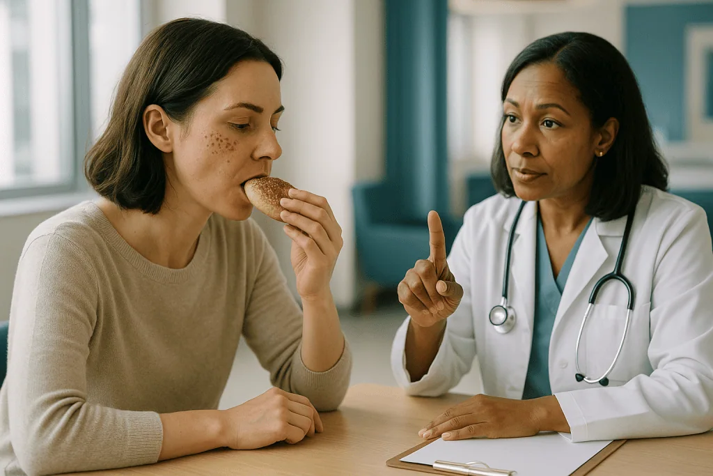 Doctor advising patient about food nutrition: Plasma pen scabs falling off: what the crusts are doing and why you should not