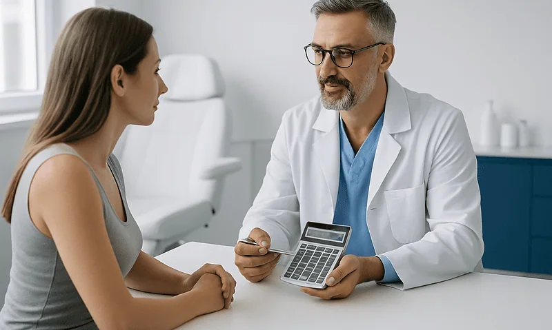 Doctor discussing plastic surgery costs with a patient in a clinic.