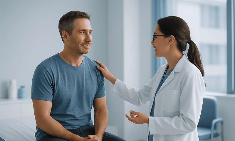 Doctor consulting with male patient in a medical office.
