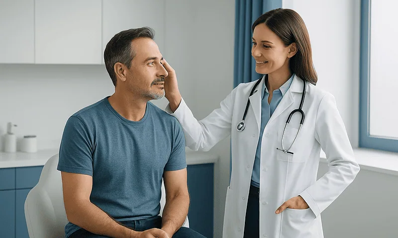 Doctor consulting with male patient in a modern clinic setting.