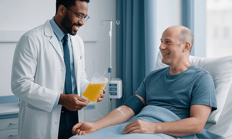 Doctor preparing platelet transfusion for patient in hospital room.