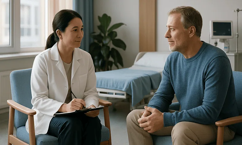 Doctor and patient having a consultation in a hospital room.