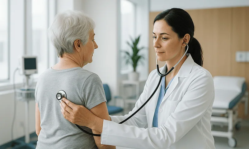 Doctor examining elderly woman with stethoscope in hospital room.