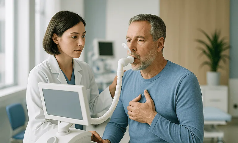 Doctor performs lung function test on male patient in hospital setting.