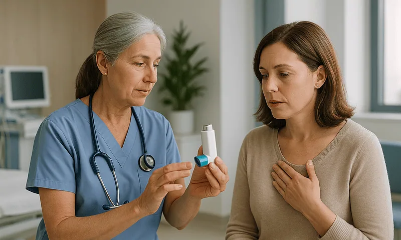 Doctor explaining inhaler use to a patient in a medical consultation.