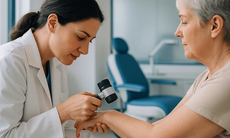 Doctor examining patient's hand with a dermatoscope at Acibadem Hospital.