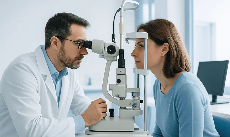Ophthalmologist examining a woman's eyes with a slit lamp.