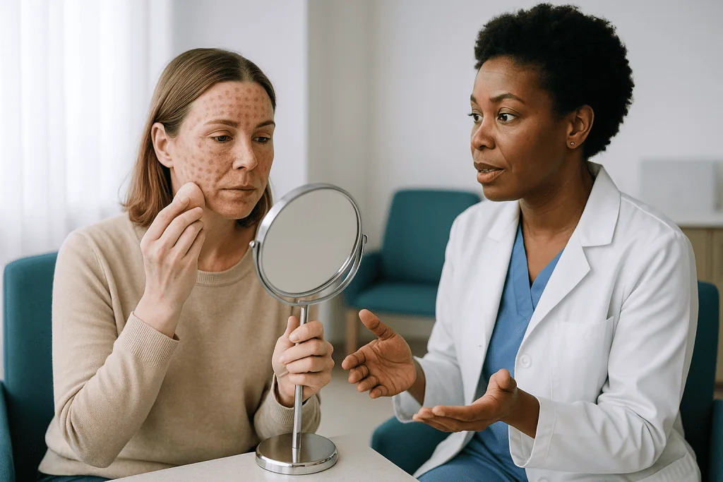 Dermatologist consulting patient about facial skin condition: Plexr recovery day by day: what the first week usually looks l