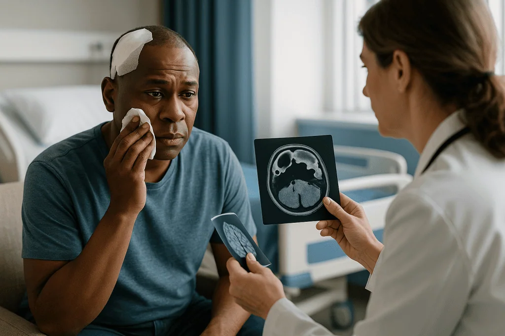 Doctor reviewing brain MRI scan with injured patient: Pneumocephalus and air travel: the trapped air problem