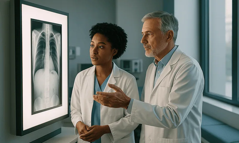 Doctors examining a chest X-ray in a hospital setting.