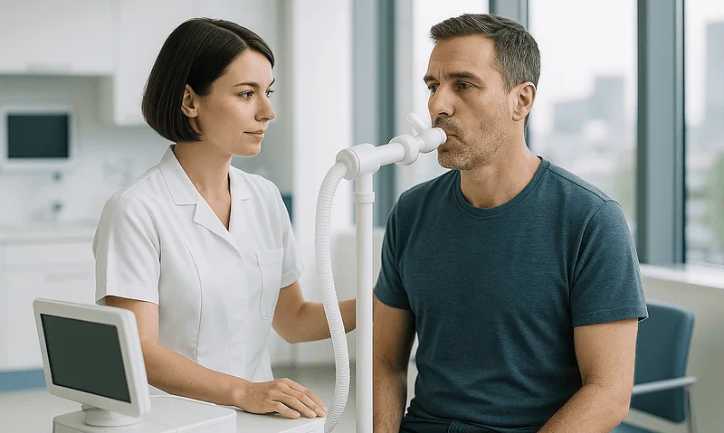 Doctor performs a lung function test on a male patient in a hospital.