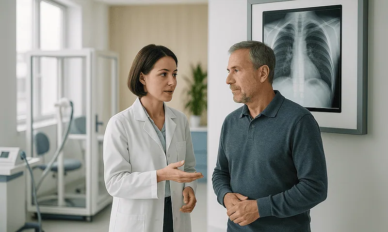 Doctor discussing chest X-ray with patient in hospital setting.
