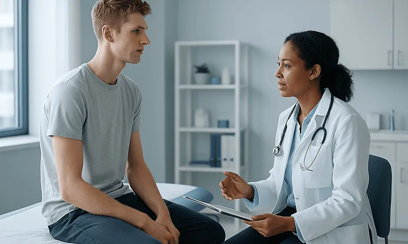 Pneumothorax in Young, Tall Adults and Athletes: Why It Happens and How Care Differs 7 Doctor consulting with young male patient in hospital room.