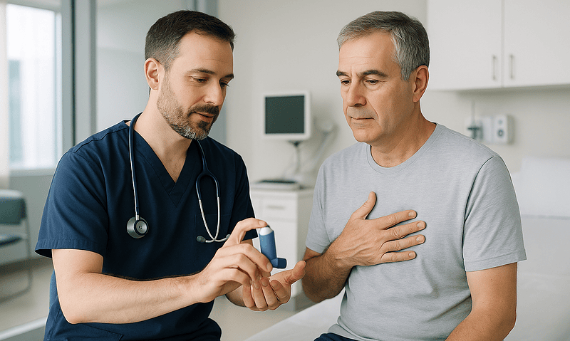 Doctor explaining inhaler use to a patient in a medical consultation room.