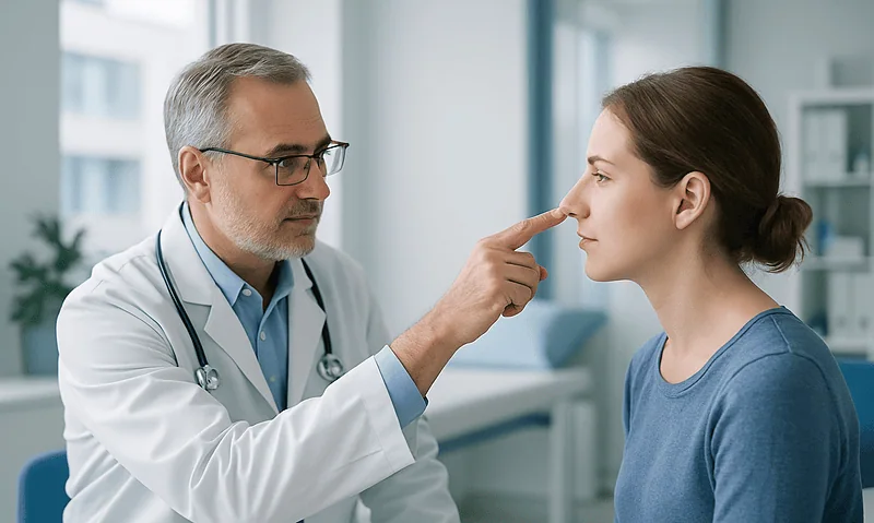 Doctor examining patient's nose in a consultation room at Acibadem Hospital.