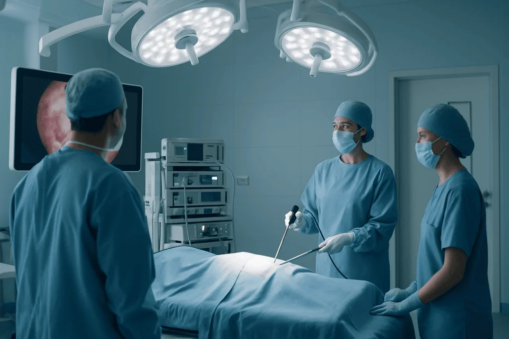 Polycystic Kidney 1 Surgeons performing a kidney procedure in an operating room with medical monitors.