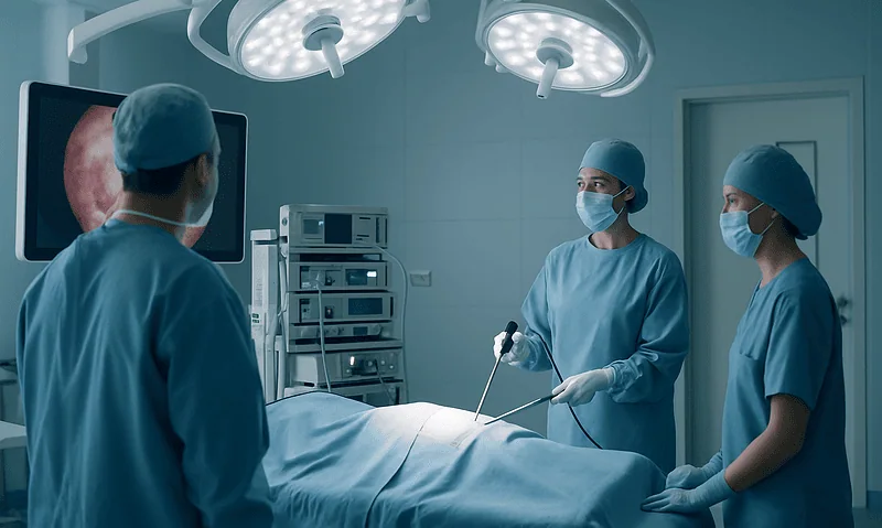 Surgeons performing a kidney procedure in an operating room with medical monitors.