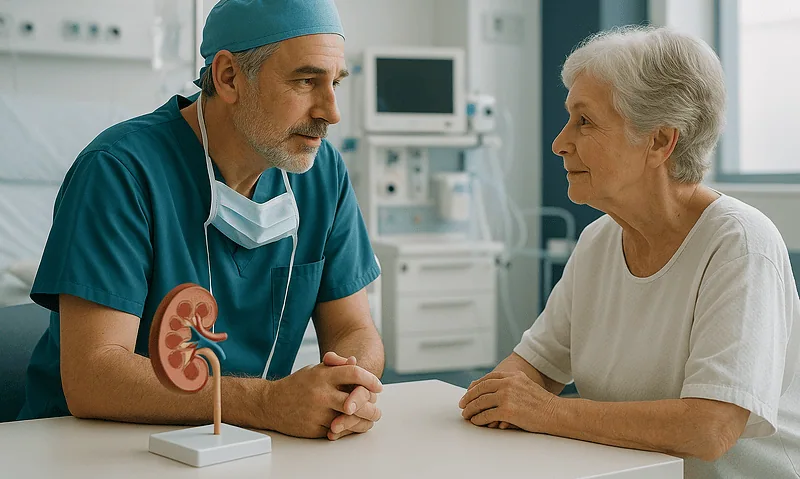 Urologist consulting with elderly female patient about kidney health.