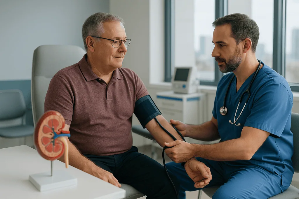 Polycystic Kidney Treatment 1 Doctor checking blood pressure of senior male patient in hospital.