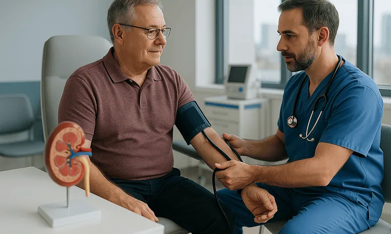 Doctor checking blood pressure of senior male patient in hospital.