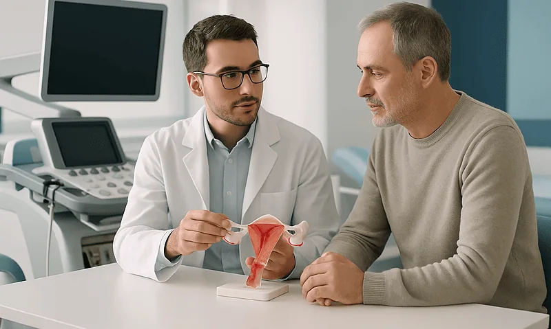 Urologist explaining uterine health to a patient in a medical clinic.