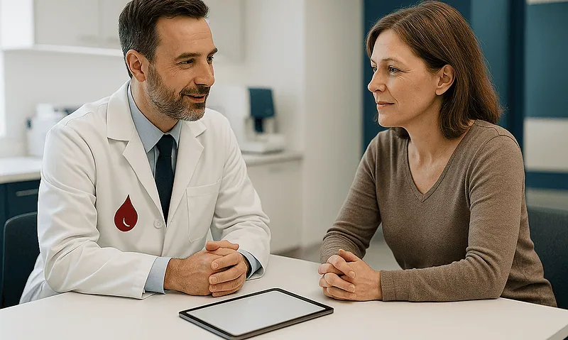Doctor consulting with a female patient in a medical office setting.