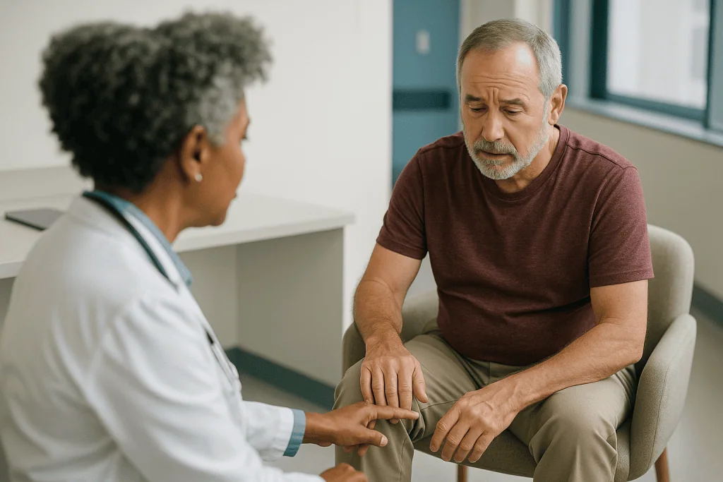 Doctor examining patient's leg during clinical consultation: Polycythemia vera clot warning signs that need a same-day call