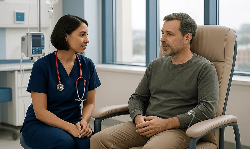 Doctor consulting with a male patient in a hospital room.