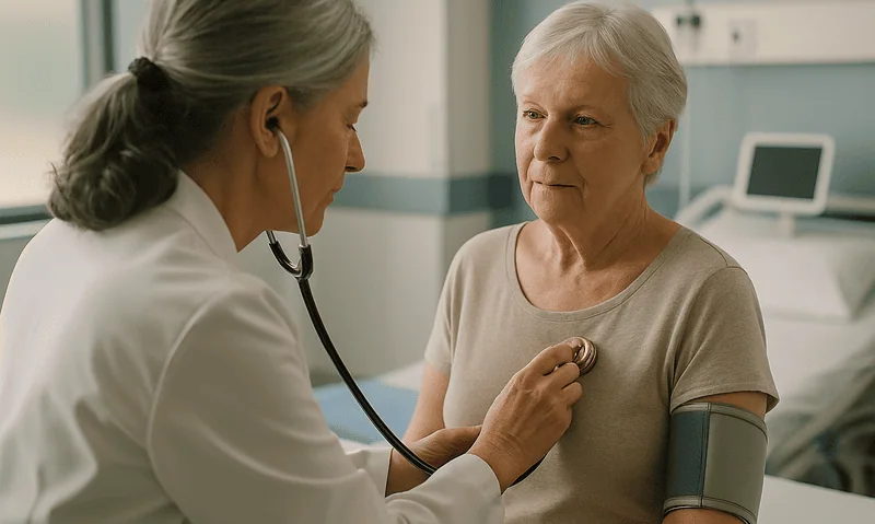Doctor examining elderly woman with stethoscope in hospital room.