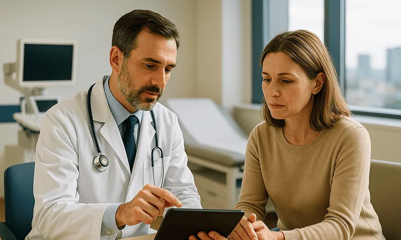 Doctor consulting with a female patient in a hospital room.