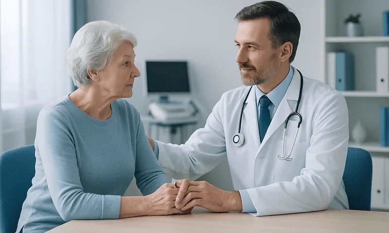 Doctor consulting with elderly woman in a medical office.
