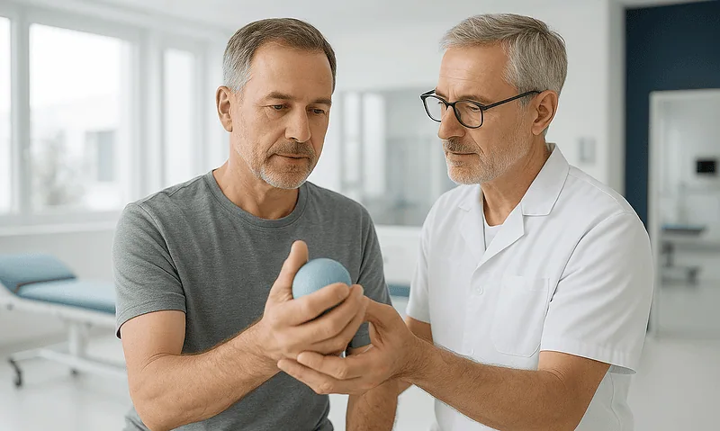 Doctor explaining muscle condition to patient in a clinical setting.