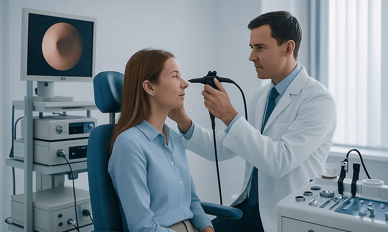 Doctor examining patient's throat with endoscope in hospital setting.