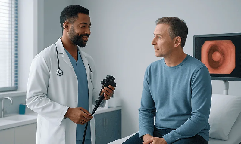 Doctor explaining colonoscopy results to patient in a medical office.