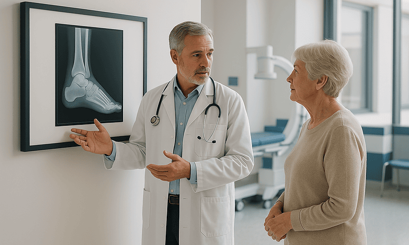 Orthopedic doctor explaining foot X-ray to elderly patient in hospital.