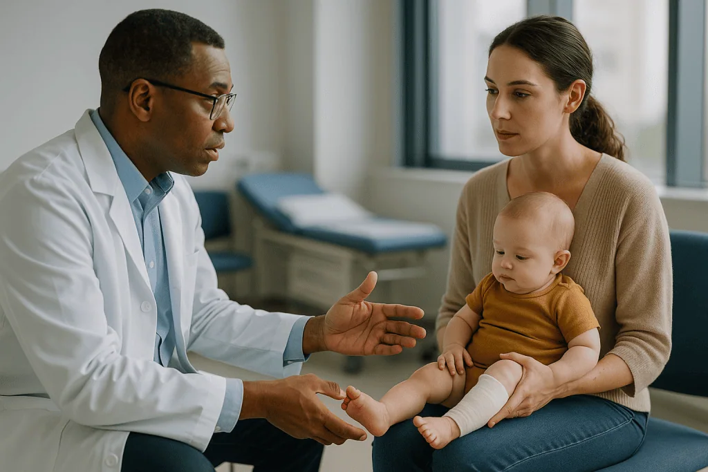 Doctor consulting mother holding infant in clinic: Ponseti method steps at a glance: the four stages of treatment