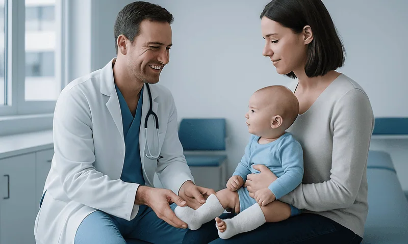 Pediatric doctor examining a baby's foot with mother in clinic.